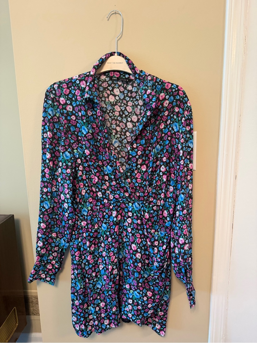 Zara Black Long Sleeve Floral Wrap Dress with Pink & Blue Flowers